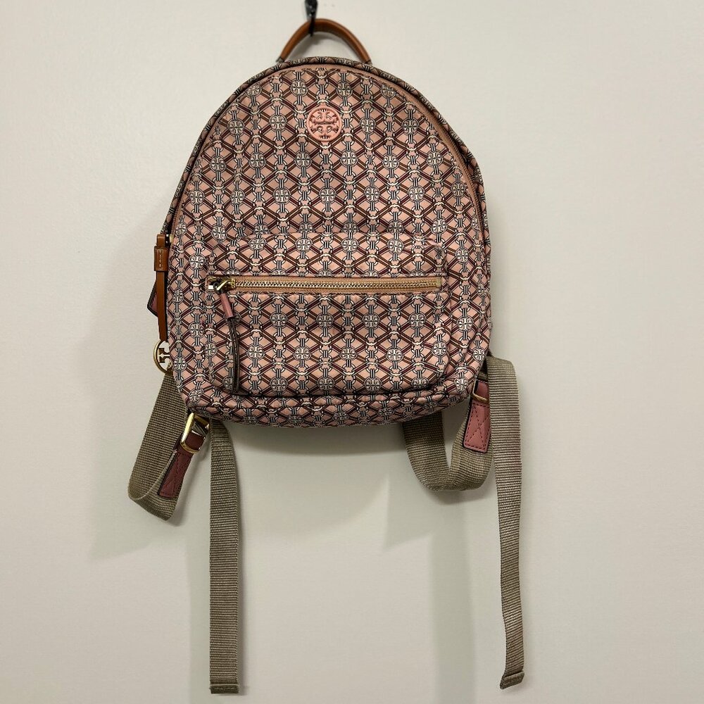 Tory Burch Pink Piper Printed Small Backpack Purse Logo Nylon Leather Trim